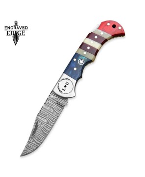 Handmade Damascus Steel Pocket Knife with Texas Flag Handle