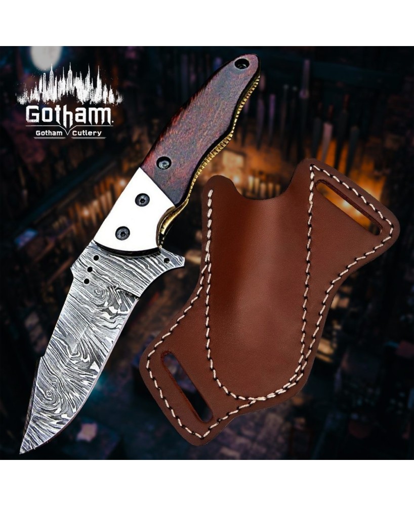 Handmade Damascus Folding Knife with Real Wood Handle & Leather Sheath