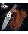 Handmade Damascus Folding Knife with Real Wood Handle & Leather Sheath