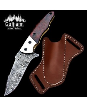 Handmade Damascus Folding Knife with Real Wood Handle & Leather Sheath