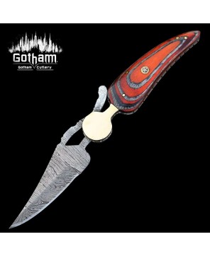 Custom Handmade Damascus Steel Folding Knife with Multicolor Wood Hand