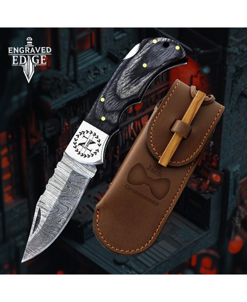 Damascus Steel Pocket Knife with Leather Sheath