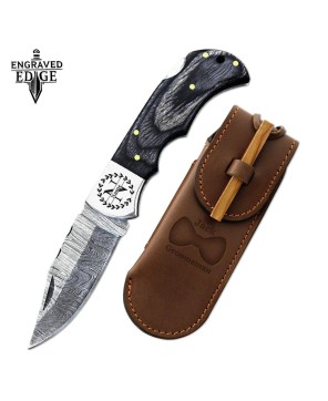 Damascus Steel Pocket Knife with Leather Sheath