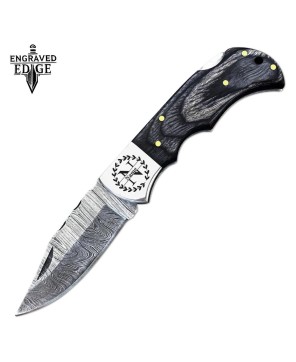 Damascus Steel Pocket Knife with Leather Sheath