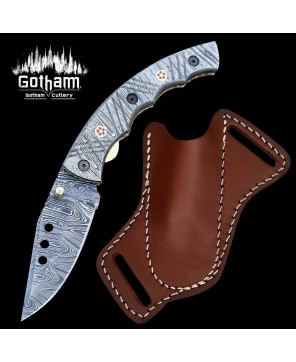 Custom Handmade Damascus Liner Lock Folding Knife with Leather Sheath