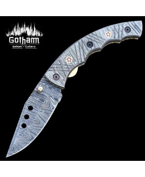 Custom Handmade Damascus Liner Lock Folding Knife with Leather Sheath