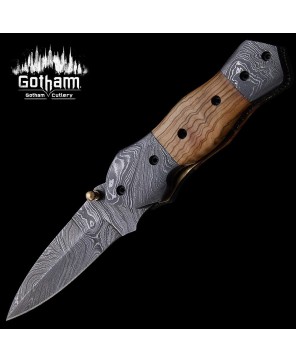 Handmade Damascus Folding Knife with Burl Wood Handle