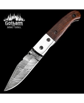 Damascus Steel Folding Knife with Tali Wood Handle & Leather Sheath