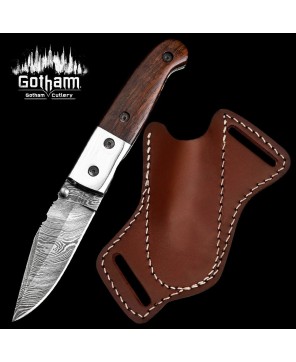 Damascus Steel Folding Knife with Tali Wood Handle & Leather Sheath