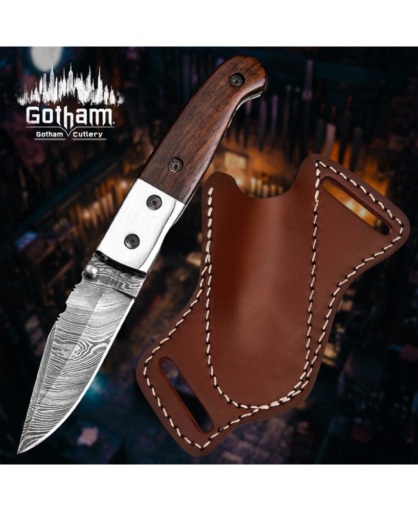 Damascus Steel Folding Knife with Tali Wood Handle & Leather Sheath