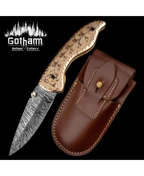 Hand-Forged Damascus Pocket Knife with Engraved Copper Handle