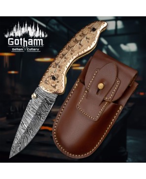 Hand-Forged Damascus Pocket Knife with Engraved Copper Handle