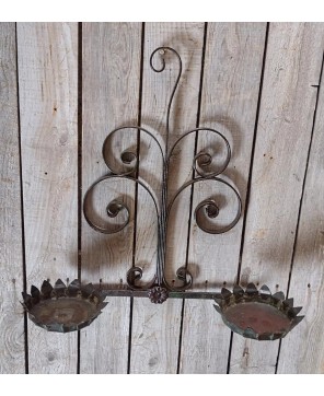 Antique Wrought Iron Floral Tole Double Wall Sconce