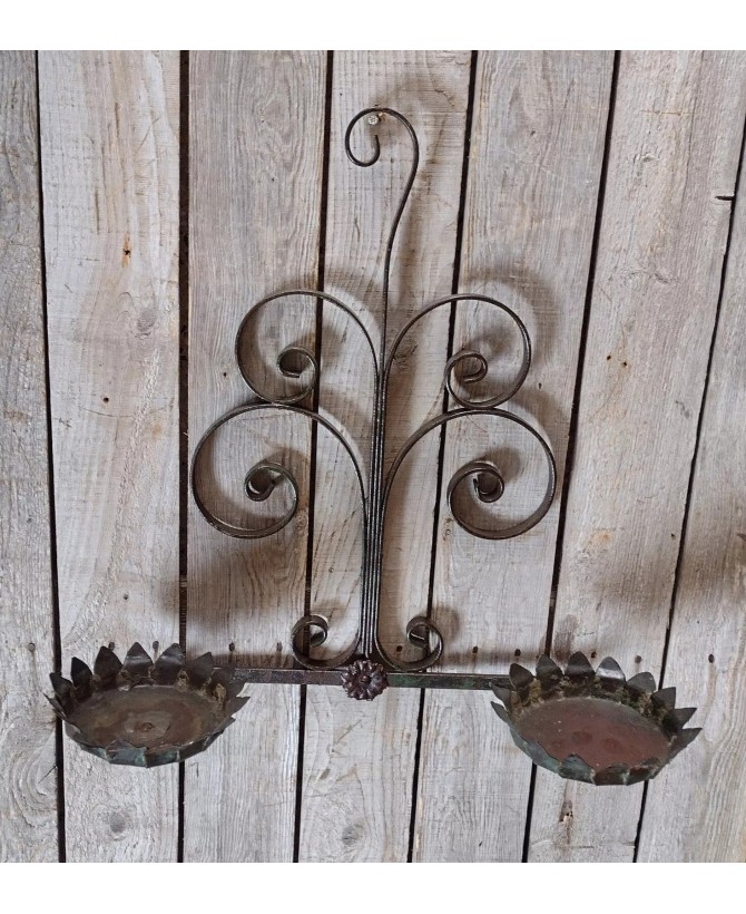 Antique Wrought Iron Floral Tole Double Wall Sconce