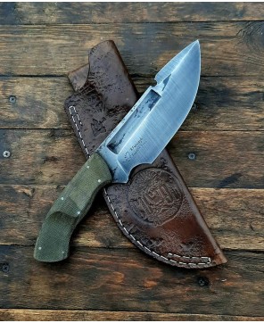 Handmade Bushcraft Knife with Green Micarta Handle and Leather Sheath