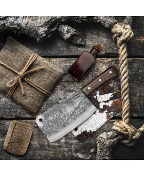 Hand-Forged Cleaver Knife with Carbon Steel Blade and Wooden Handle