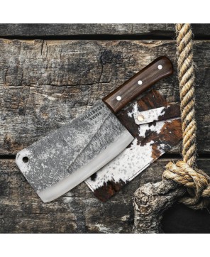 Hand-Forged Cleaver Knife with Carbon Steel Blade and Wooden Handle