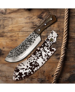 Hand-Forged Butcher Knife with Carbon Steel Blade and Wood Handle