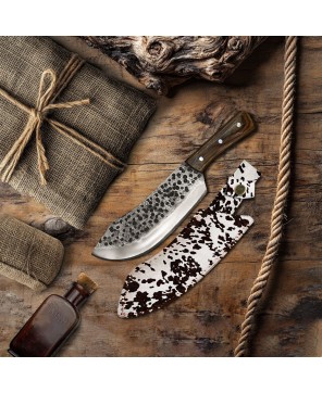 Hand-Forged Butcher Knife with Carbon Steel Blade and Wood Handle