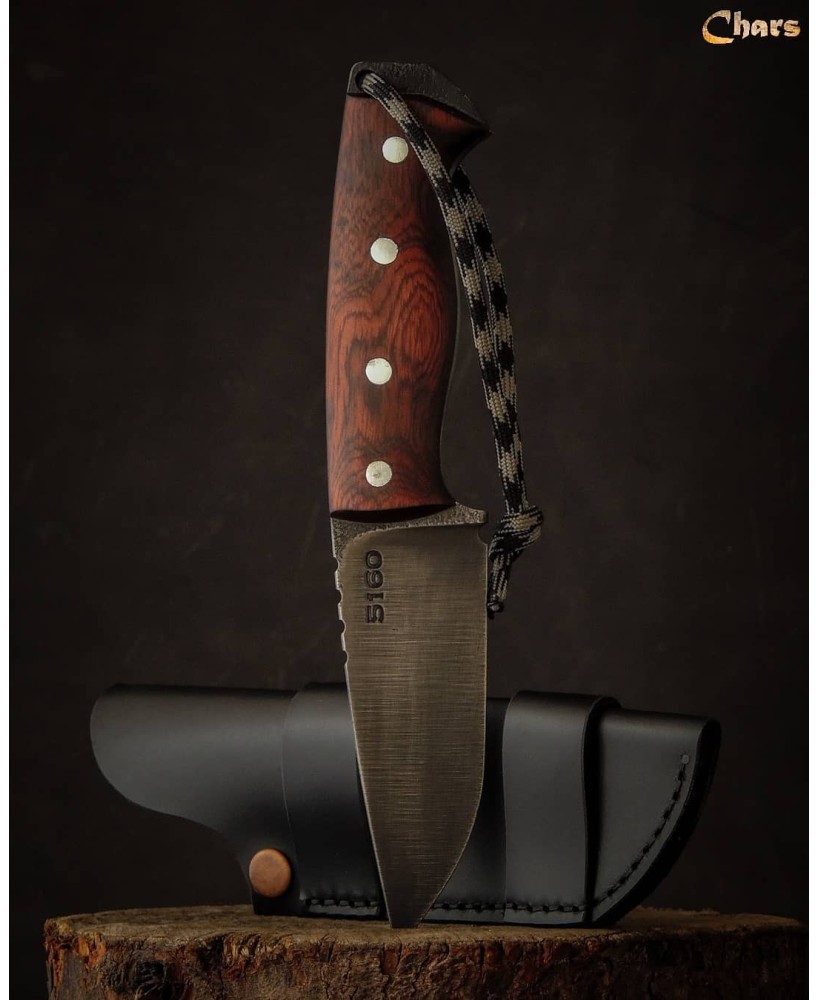 Handmade Carbon Steel Knife with Red Oak Handle & Leather Sheath