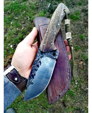 Hand-Forged Bushcraft Knife with Leather Sheath