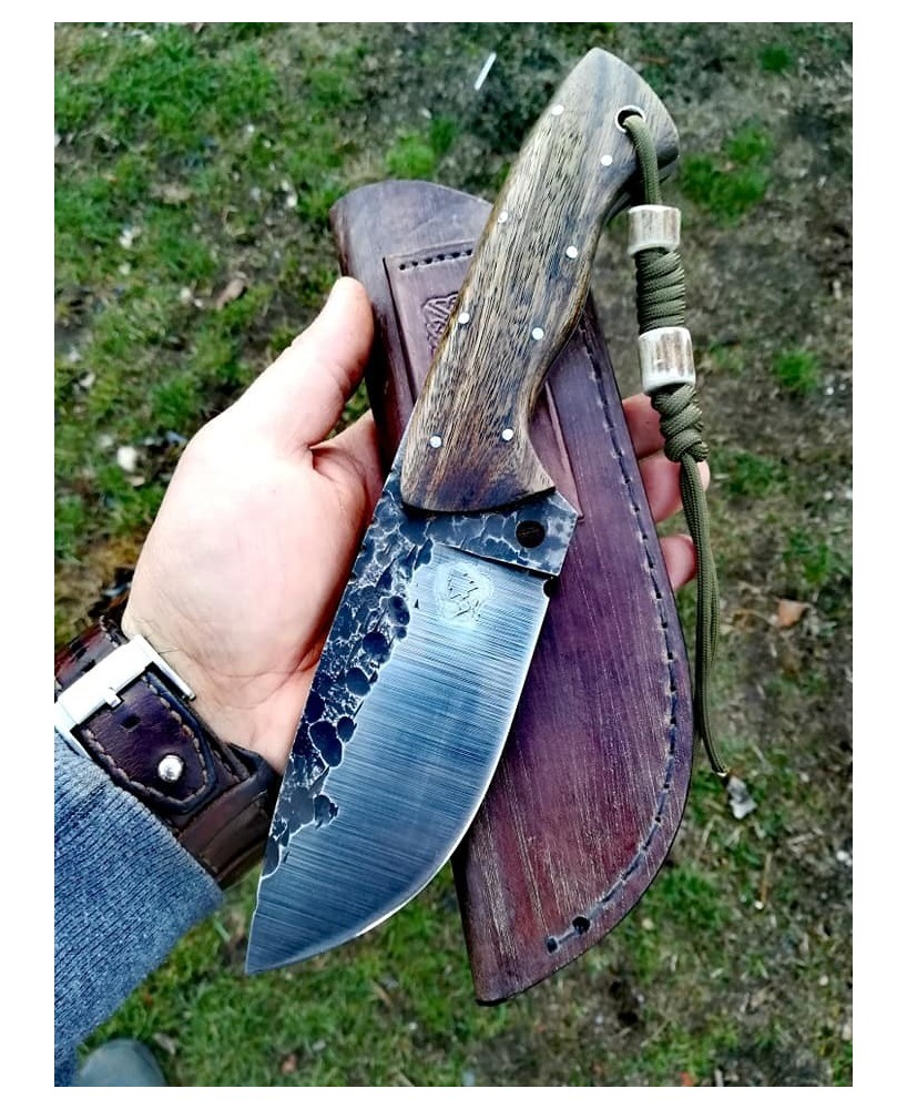 Hand-Forged Bushcraft Knife with Leather Sheath