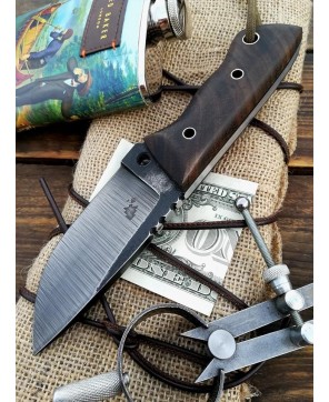 Compact Damascus Steel Knife with Wooden Handle and Sheath