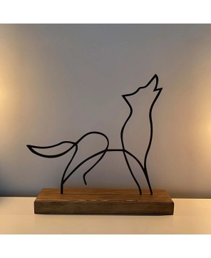 Minimalist Wolf Statue – Modern Metal & Wood Décor Piece