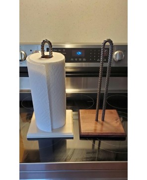 Handmade Rebar Paper Towel Holder – Polished Steel & Pine Base