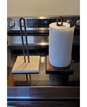 Handmade Rebar Paper Towel Holder – Polished Steel & Pine Base