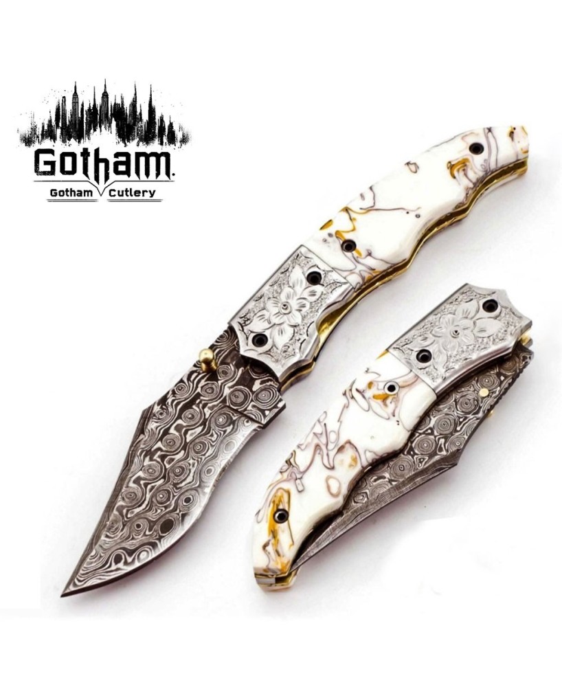 "Custom Damascus Steel Folding Knife"