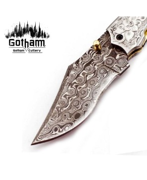 "Custom Damascus Steel Folding Knife"