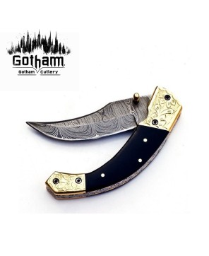 Custom Damascus Steel Folding Knife - Bull Horn Handle