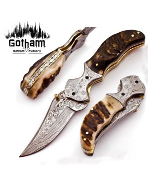 Personalized Engraved Damascus Folding Knife - Ram Horn Handle