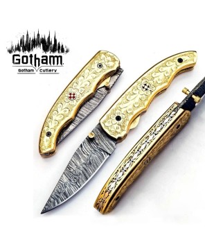 Custom Damascus Pocket Knife - Brass Handle