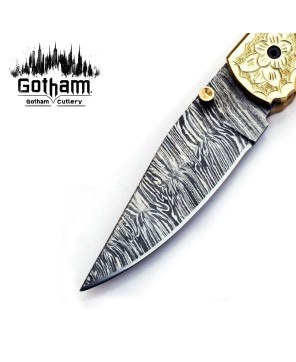 Custom Damascus Pocket Knife - Brass Handle