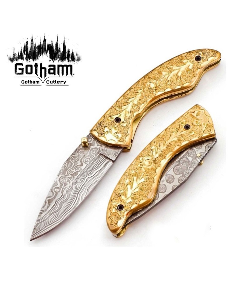 Custom Damascus Folding Knife - Brass Bolsters