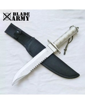 Silver Tactical Hunting Fixed Blade Knife with Nylon Sheath