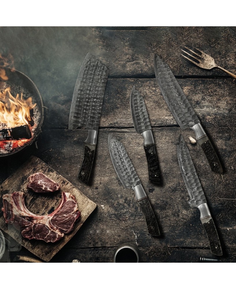 Hand-Forged Damascus Steel Chef Knife Set with Camel Bone Handles