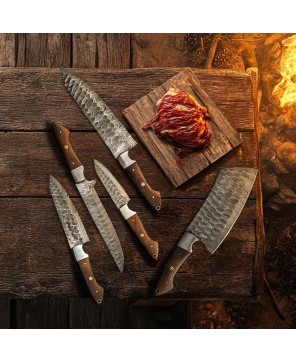 5-Piece Handmade Damascus Steel Chef Knife Set with Leather Roll