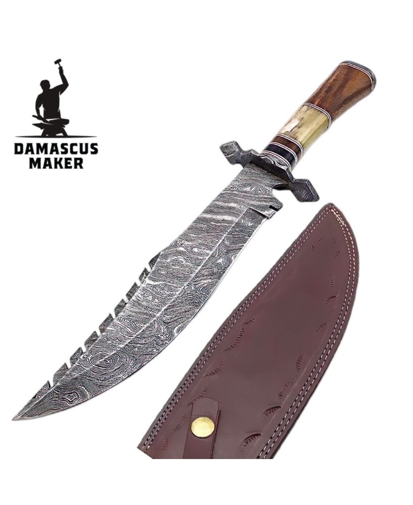 Damascus Bowie Knife, Rosewood Bone Bull Horn