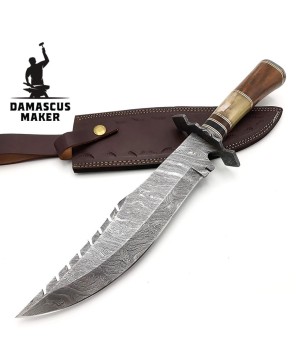 Damascus Bowie Knife, Rosewood Bone Bull Horn