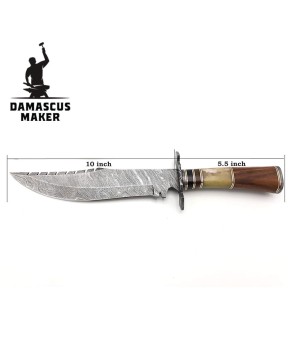 Damascus Bowie Knife, Rosewood Bone Bull Horn