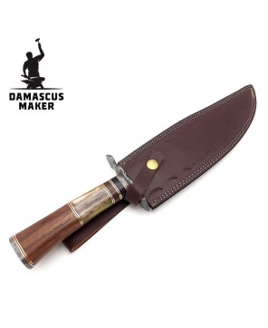 Damascus Bowie Knife, Rosewood Bone Bull Horn