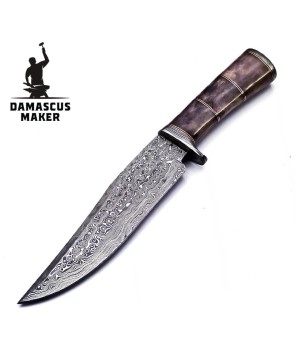 Handmade Damascus Steel Bowie Knife with Leather Sheath