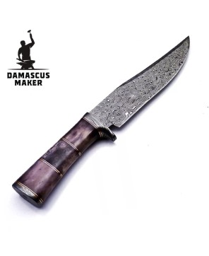 Handmade Damascus Steel Bowie Knife with Leather Sheath