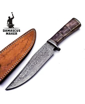 Handmade Damascus Steel Bowie Knife with Leather Sheath