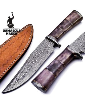 Handmade Damascus Steel Bowie Knife with Leather Sheath