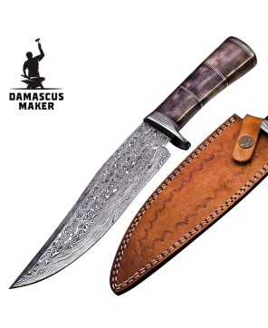 Handmade Damascus Steel Bowie Knife with Leather Sheath