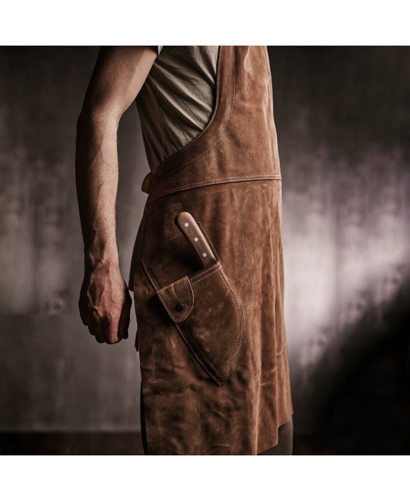 Handmade Leather Chef Apron with Knife Pocket for Pro & Home Cooks